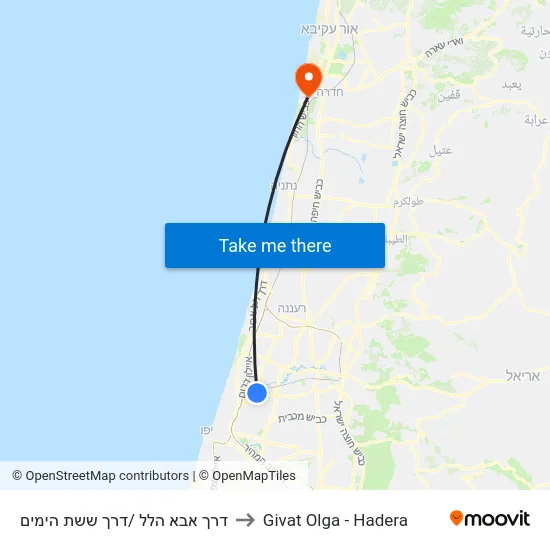 דרך אבא הלל /דרך ששת הימים to Givat Olga - Hadera map