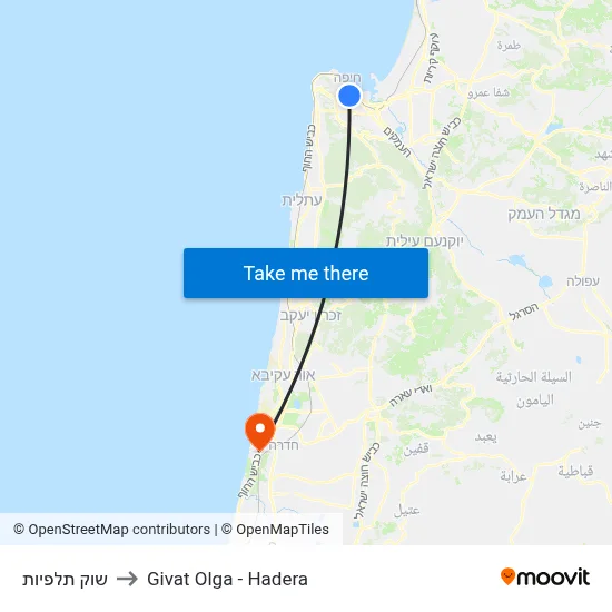 שוק תלפיות to Givat Olga - Hadera map