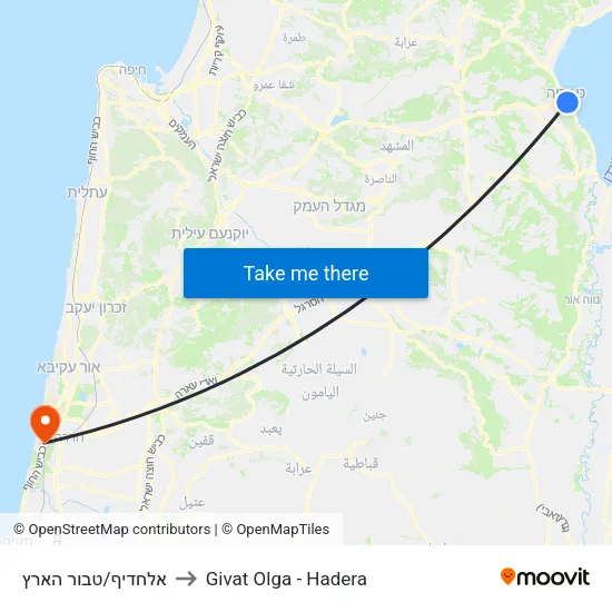 Alhadif/Center of the Land to Givat Olga - Hadera map