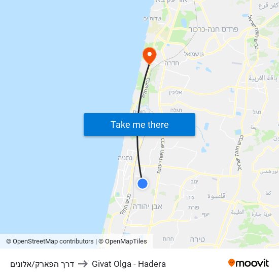 דרך הפארק/אלונים to Givat Olga - Hadera map