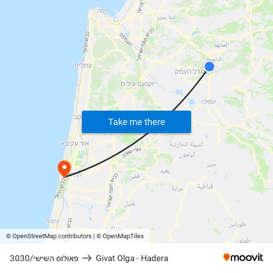 פאולוס השישי/3030 to Givat Olga - Hadera map