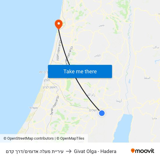 עיריית מעלה אדומים/דרך קדם to Givat Olga - Hadera map