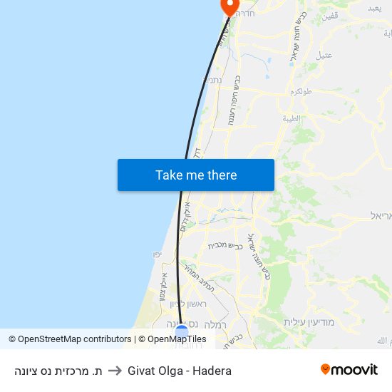 ת. מרכזית נס ציונה to Givat Olga - Hadera map