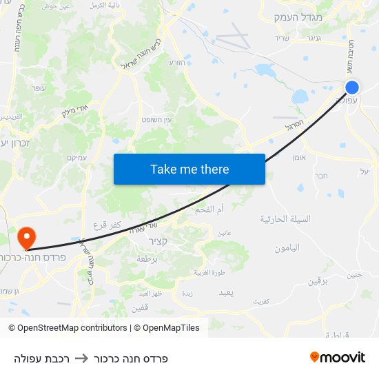 רכבת עפולה to פרדס חנה כרכור map