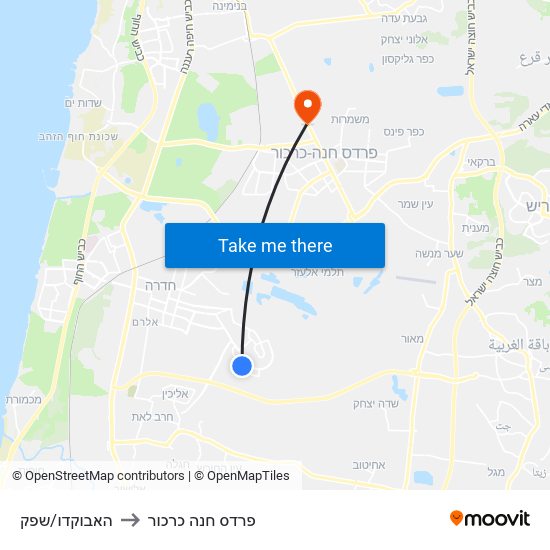 האבוקדו/שפק to פרדס חנה כרכור map