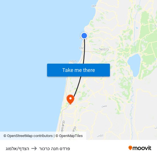 הצדף/אלמוג to פרדס חנה כרכור map