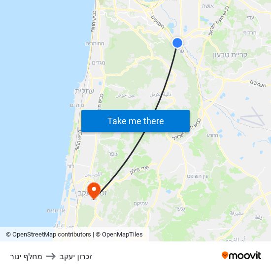 מחלף יגור to זכרון יעקב map