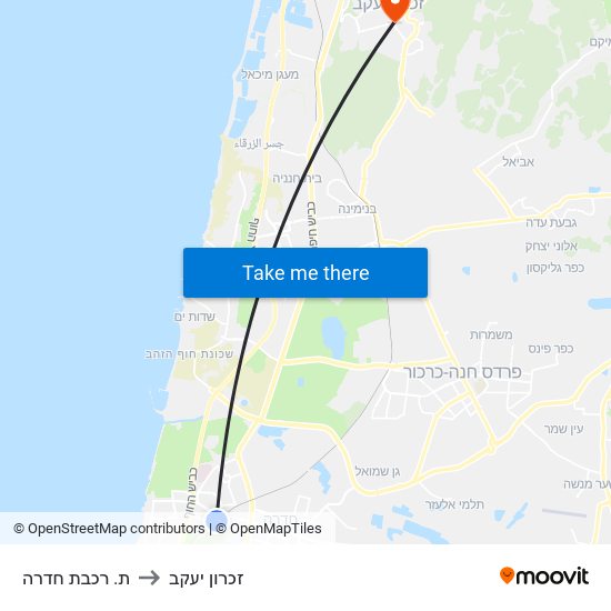 ת. רכבת חדרה to זכרון יעקב map