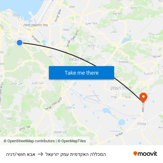 אבא חושי/דניה to המכללה האקדמית עמק יזרעאל map