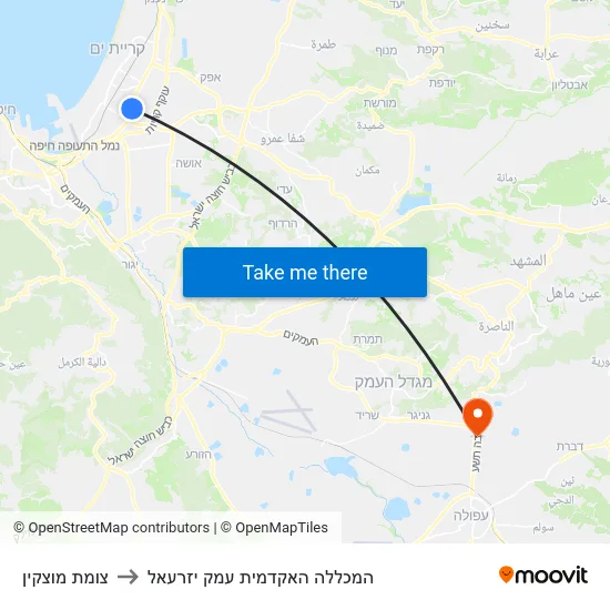 צומת מוצקין to המכללה האקדמית עמק יזרעאל map