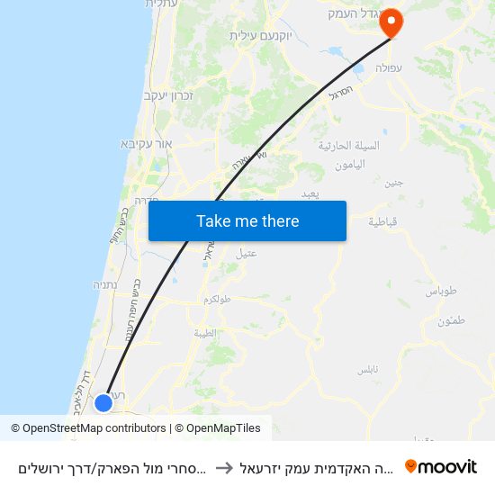 מרכז מסחרי מול הפארק/דרך ירושלים to המכללה האקדמית עמק יזרעאל map