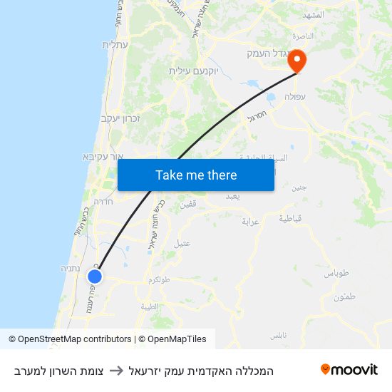 צומת השרון למערב to המכללה האקדמית עמק יזרעאל map