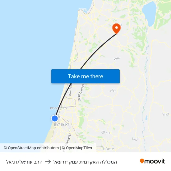 הרב עוזיאל/דניאל to המכללה האקדמית עמק יזרעאל map