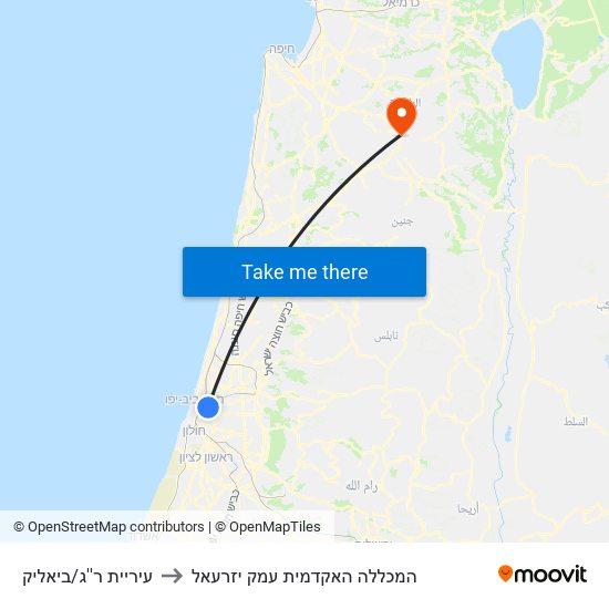 עיריית ר''ג/ביאליק to המכללה האקדמית עמק יזרעאל map