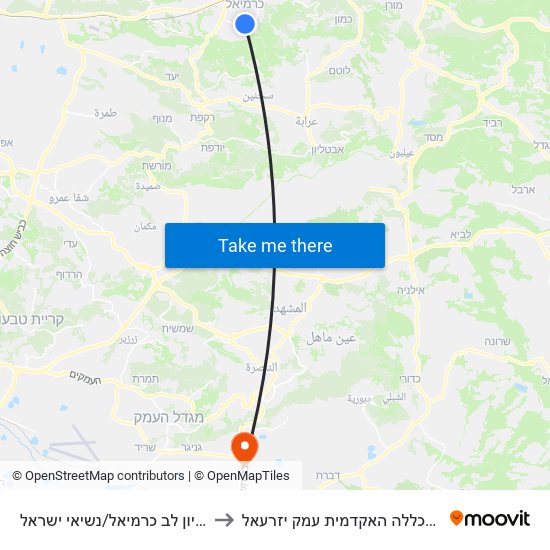 קניון לב כרמיאל/נשיאי ישראל to המכללה האקדמית עמק יזרעאל map