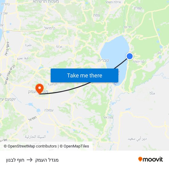 חוף לבנון to מגדל העמק map