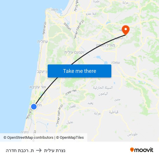 ת. רכבת חדרה to נצרת עילית map