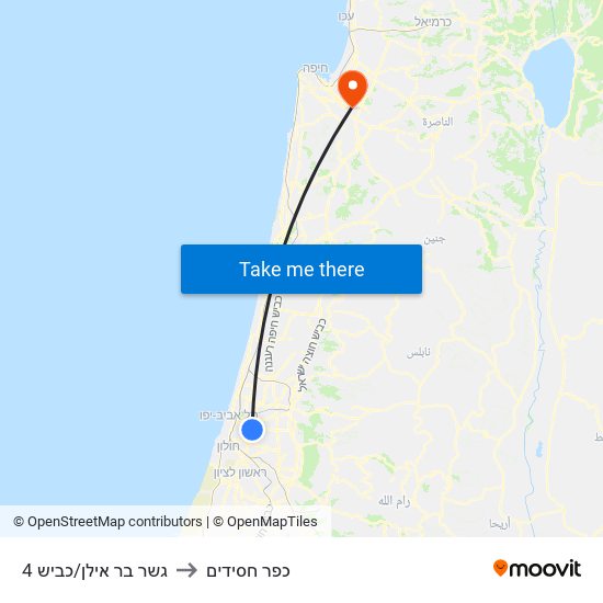 גשר בר אילן/כביש 4 to כפר חסידים map