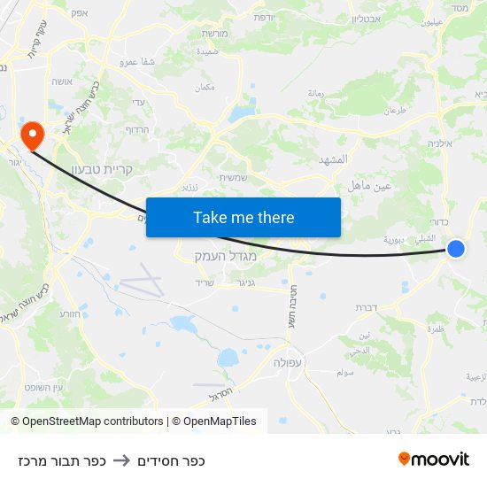 כפר תבור מרכז to כפר חסידים map