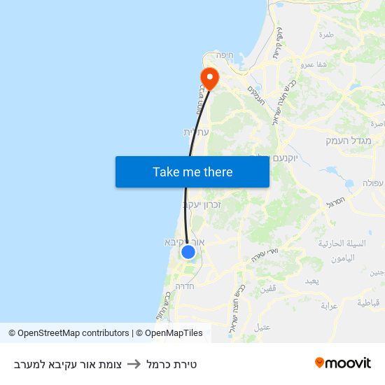 צומת אור עקיבא למערב to טירת כרמל map