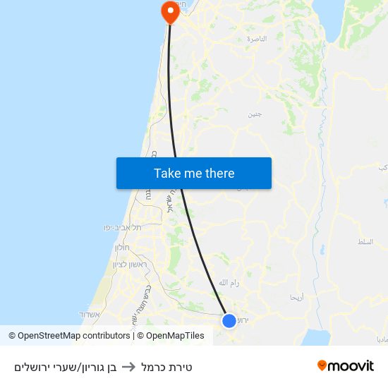 בן גוריון/שערי ירושלים to טירת כרמל map