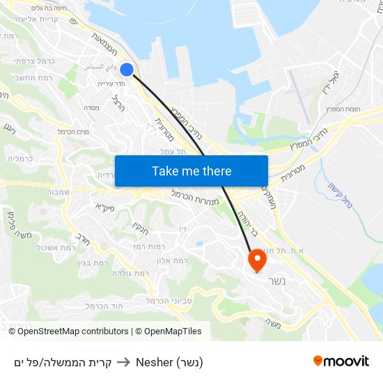 קרית הממשלה/פל ים to Nesher (נשר) map
