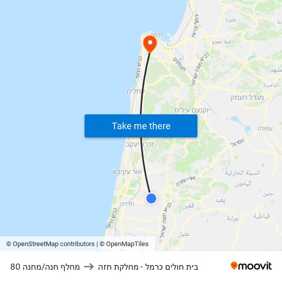 מחלף חנה/מחנה 80 to בית חולים כרמל - מחלקת חזה map