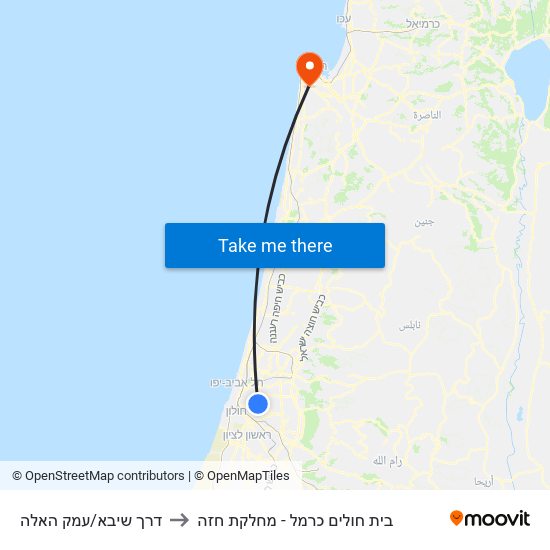 דרך שיבא/עמק האלה to בית חולים כרמל - מחלקת חזה map