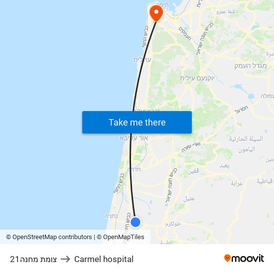 צומת מחנה21 to Carmel hospital map