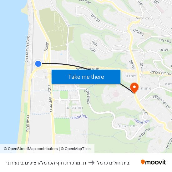 ת. מרכזית חוף הכרמל/רציפים בינעירוני to בית חולים כרמל map