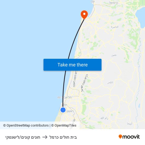 חונים קונים/לישנסקי to בית חולים כרמל map