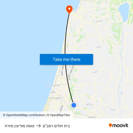 צומת מודיעין מזרח to בית חולים רמב"ם map