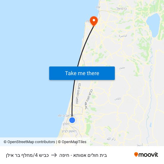 כביש 4/מחלף בר אילן to בית חולים אסותא - חיפה map
