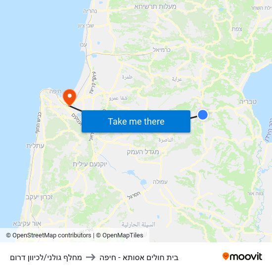 מחלף גולני/לכיוון דרום to בית חולים אסותא - חיפה map