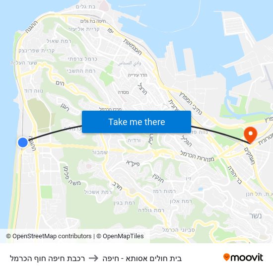 רכבת חיפה חוף הכרמל to בית חולים אסותא - חיפה map