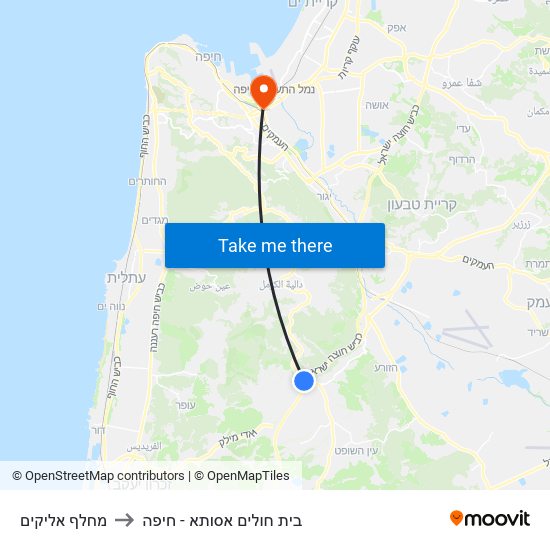 מחלף אליקים to בית חולים אסותא - חיפה map