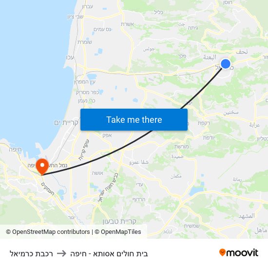 רכבת כרמיאל to בית חולים אסותא - חיפה map