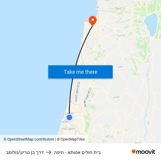 דרך בן גוריון/גולומב to בית חולים אסותא - חיפה map