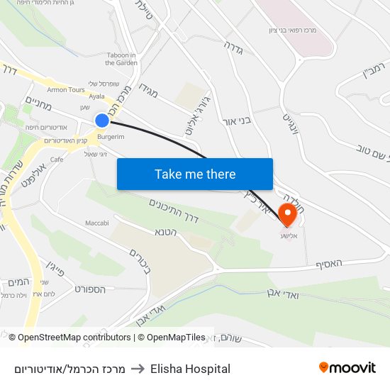 מרכז הכרמל/אודיטוריום to Elisha Hospital map