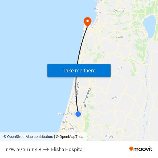 צומת גנים/ירושלים to Elisha Hospital map