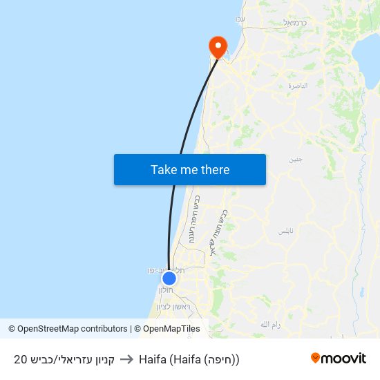 קניון עזריאלי/כביש 20 to Haifa (Haifa (חיפה)) map
