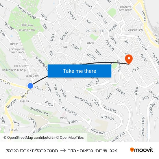 תחנת כרמלית/מרכז הכרמל to מכבי שירותי בריאות - הדר map