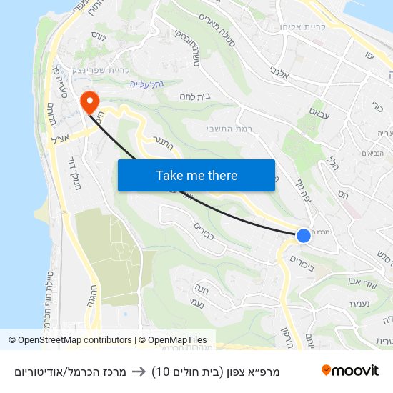 מרכז הכרמל/אודיטוריום to מרפ״א צפון (בית חולים 10) map