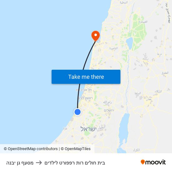 מסעף גן יבנה to בית חולים רות רפפורט לילדים map