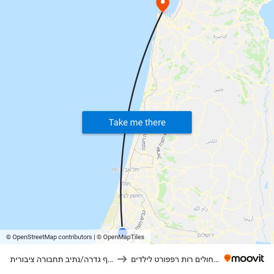 מחלף גדרה/נתיב תחבורה ציבורית to בית חולים רות רפפורט לילדים map