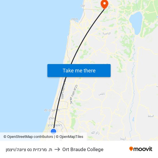 ת. מרכזית נס ציונה/ויצמן to Ort Braude College map