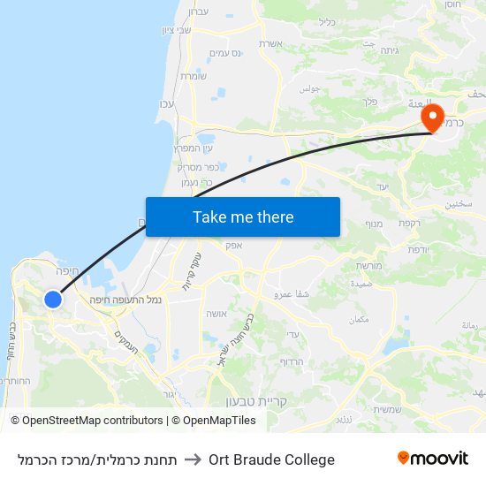 תחנת כרמלית/מרכז הכרמל to Ort Braude College map