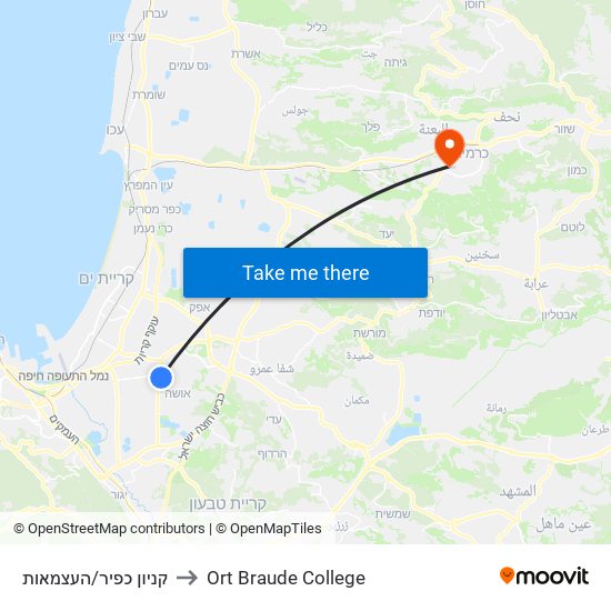 קניון כפיר/העצמאות to Ort Braude College map