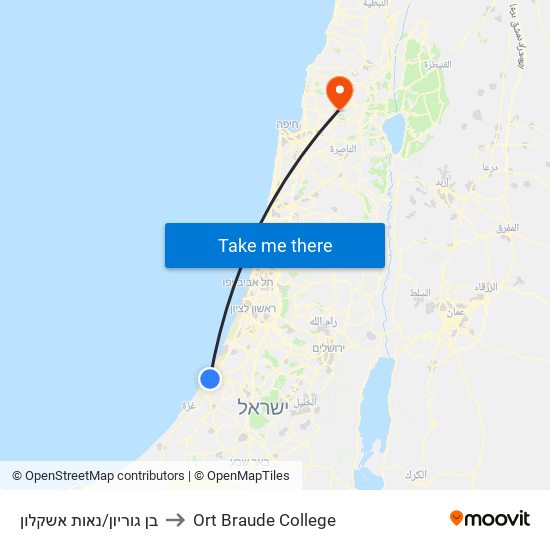 בן גוריון/נאות אשקלון to Ort Braude College map