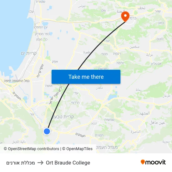 מכללת אורנים to Ort Braude College map
